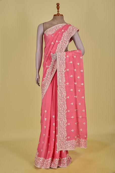 crepe salmon pink saree with blouse