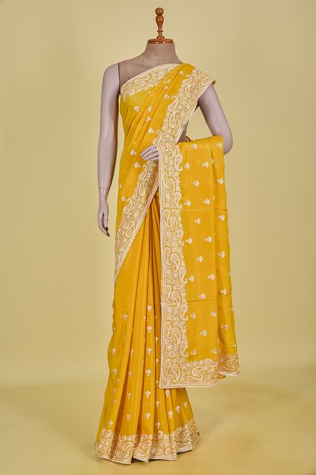 crepe golden yellow saree with blouse