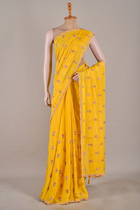 crepe golden yellow saree with blouse