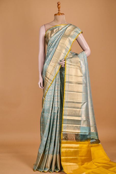 Kanchipuram silk light teal blue saree with blouse