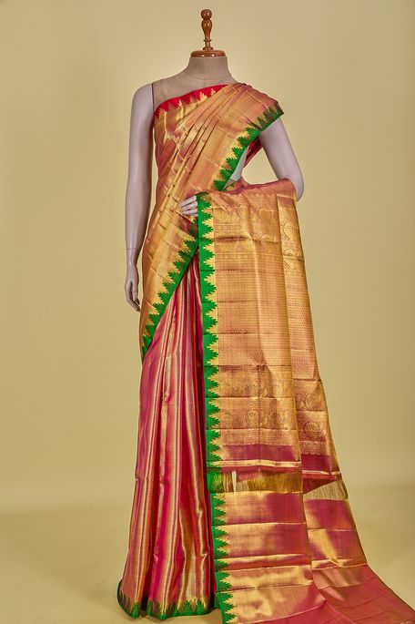 Kanchipuram silk tissue fuschia pink saree with blouse