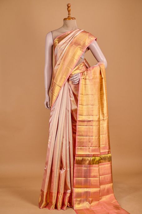 Kanchipuram silk tissue light salmon onion pink saree with blouse