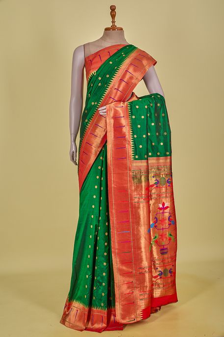 Paithani- silk dark bottle green saree with blouse