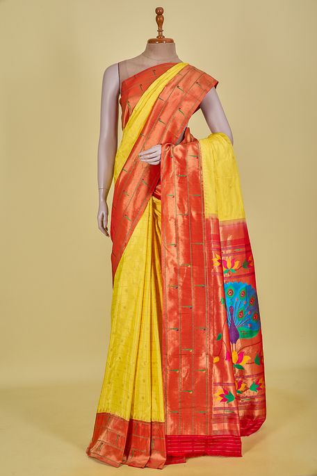Paithani- silk lemon yellow saree with blouse