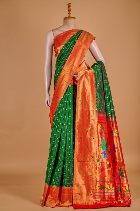 Paithani- silk dark olive green saree with blouse