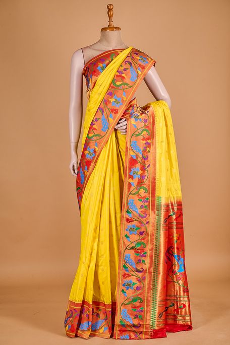 Paithani- silk lemon yellow saree with blouse