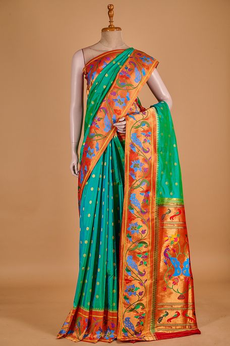 Paithani- silk light jungle sea green saree with blouse
