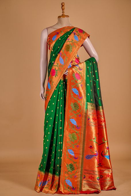 Paithani- silk dark bottle green saree with blouse