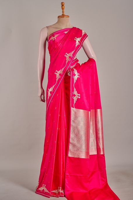 Banarasi satin fuschia pink saree with blouse