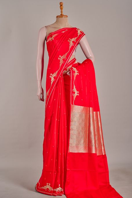 Banarasi satin blood red saree with blouse