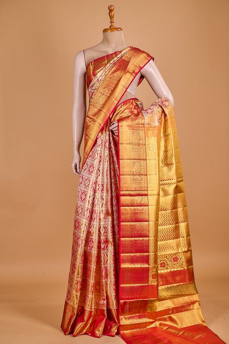 Kanchipuram silk tissue dark red dark golden yellow saree with blouse