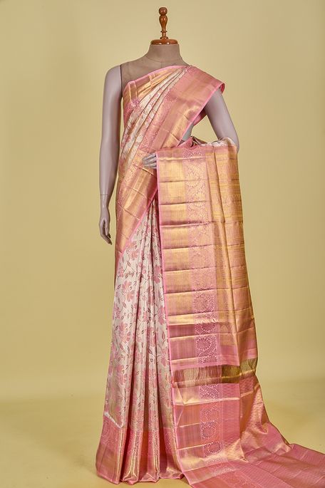 Kanchipuram silk tissue natural beige tussar saree with blouse