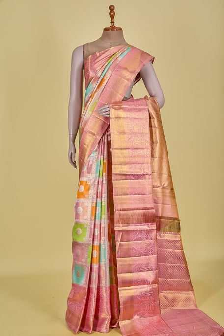 Kanchipuram silk tissue fig green dark salmon onion pink light saffron orange saree with blouse