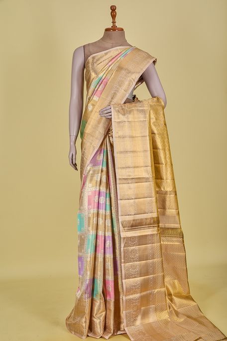 Kanchipuram silk tissue persian rose pink light persian sea green dark golden yellow saree with blouse