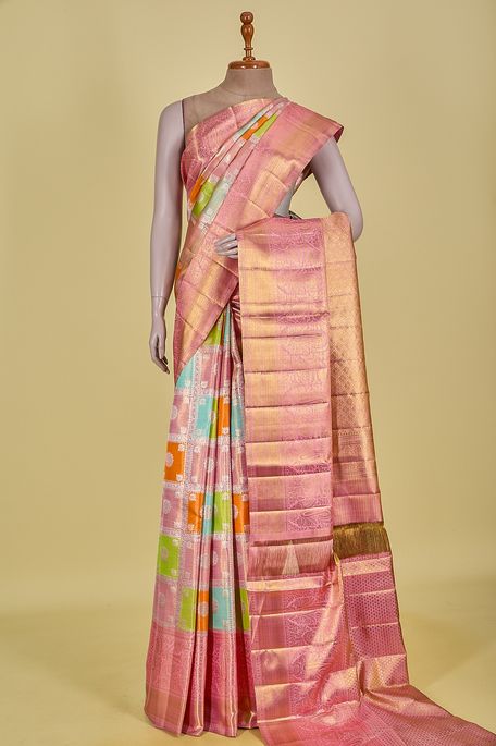 Kanchipuram silk tissue light aqua blue fig green light saffron orange saree with blouse