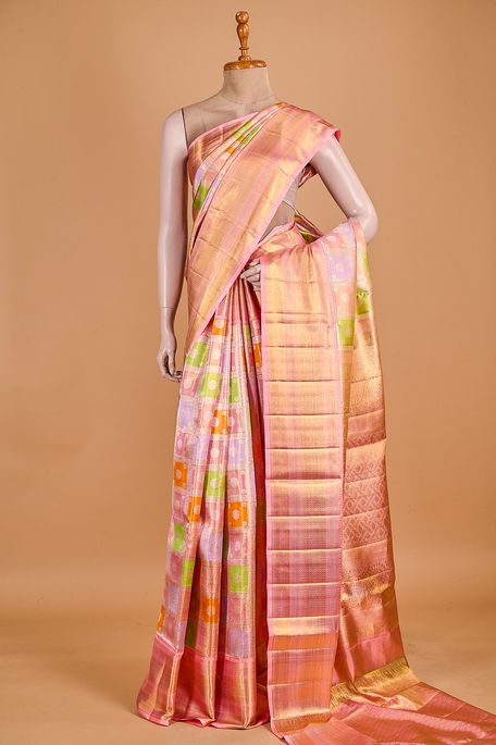 Kanchipuram silk tissue dark salmon onion pink light saffron orange lavender purple saree with blouse