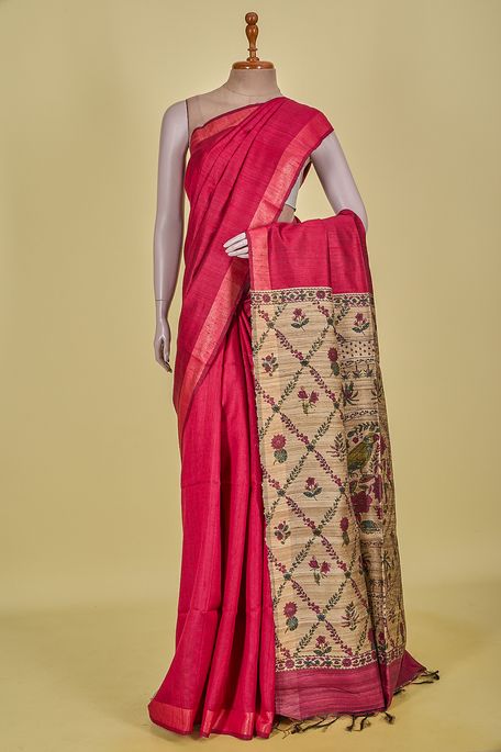 dupion dark red saree with blouse