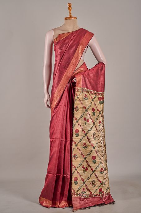 dupion maroon saree with blouse