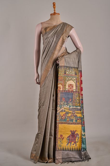 dupion dark steel grey saree with blouse