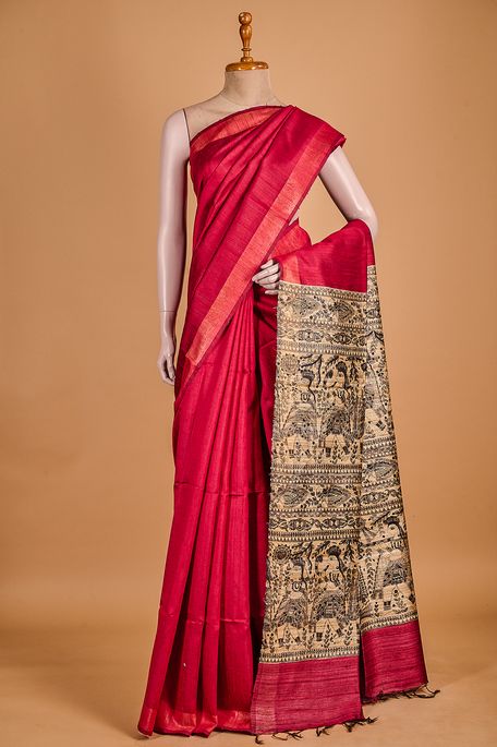 dupion dark red saree with blouse
