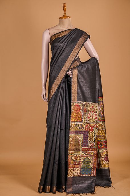 dupion black saree with blouse