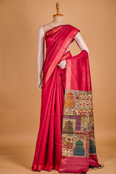 dupion dark red saree with blouse