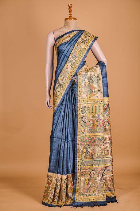 tussar dark pottery blue saree with blouse