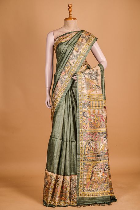 tussar olive green saree with blouse