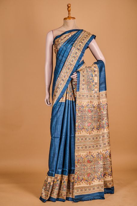 tussar dark pottery blue saree with blouse