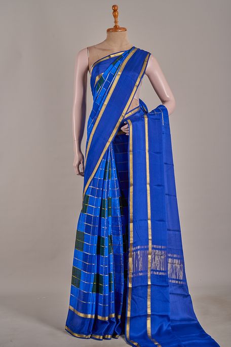Mysore crepe indigo blue dark marine blue dark bottle green saree with blouse