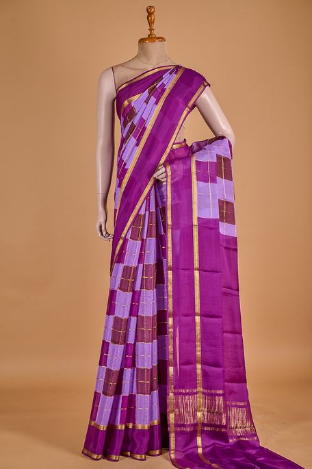 Mysore crepe lilac blue dark chocolate brown dark violet purple saree with blouse