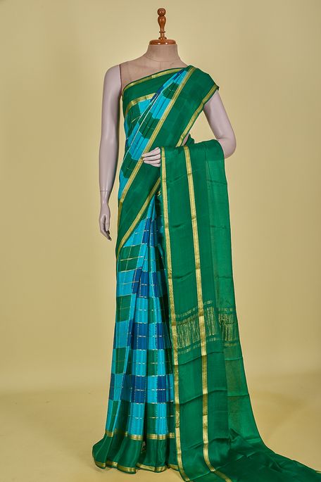 Mysore crepe light navy blue dark bottle green light jungle sea green saree with blouse