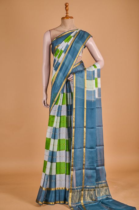 Mysore crepe dark raw apple green dark steel grey light steel grey saree with blouse