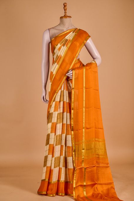 Mysore crepe light beige sand brown saffron orange saree with blouse