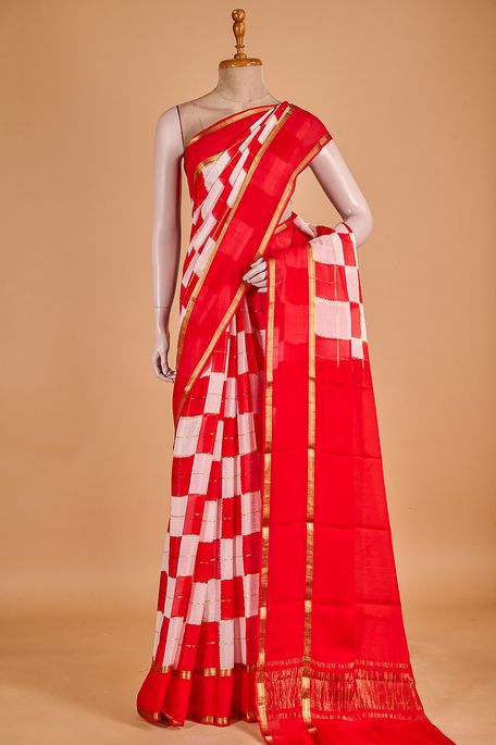 Mysore crepe light beige blood red saree with blouse