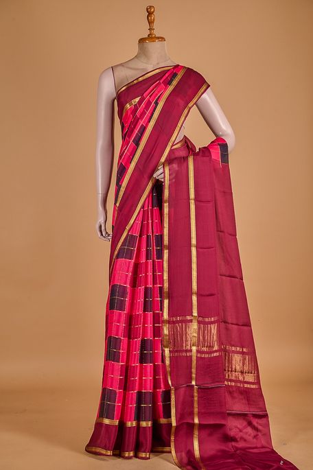 Mysore crepe black fuschia pink dark magenta pink saree with blouse