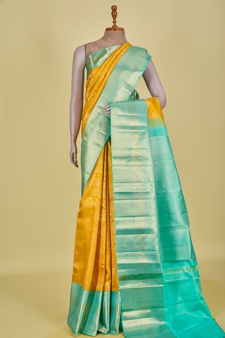 Kanchipuram silk golden yellow saree with blouse