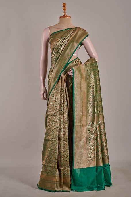 Banarasi silk dark bottle green saree with blouse