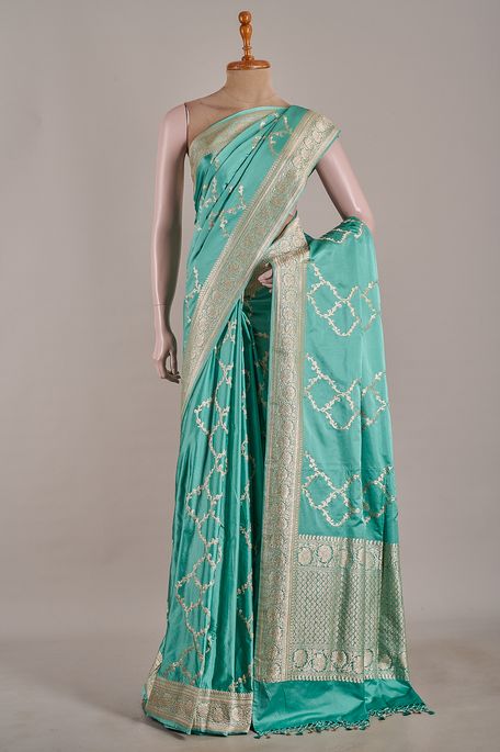 Banarasi satin light teal blue saree with blouse