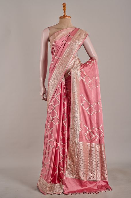 Banarasi satin salmon onion pink saree with blouse
