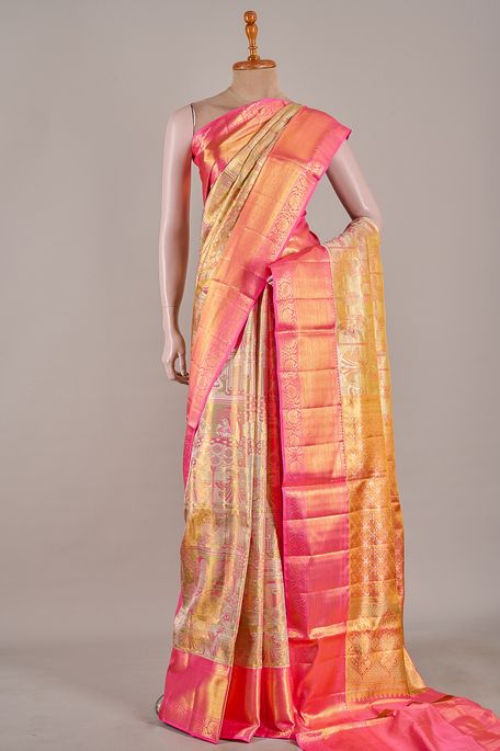 Kanchipuram silk tissue light khakhi green brown saree with blouse