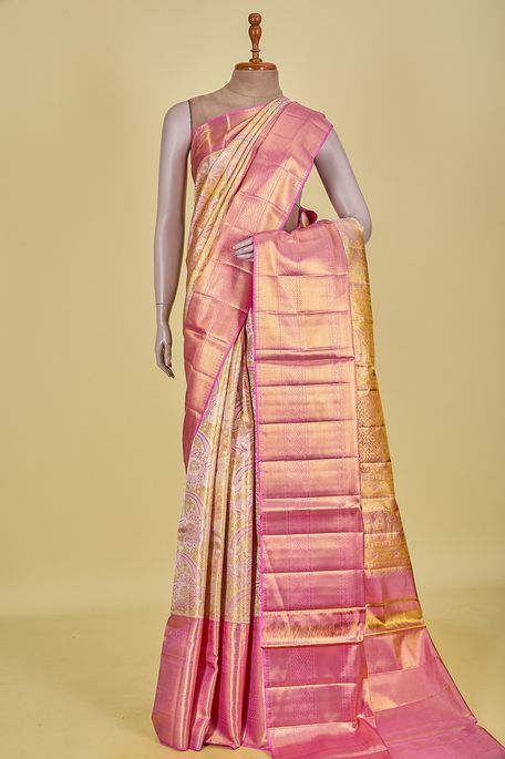 Kanchipuram silk tissue light khakhi green brown saree with blouse