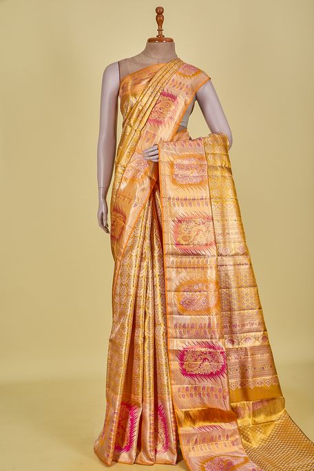 Kanchipuram silk tissue olive green oil saree with blouse