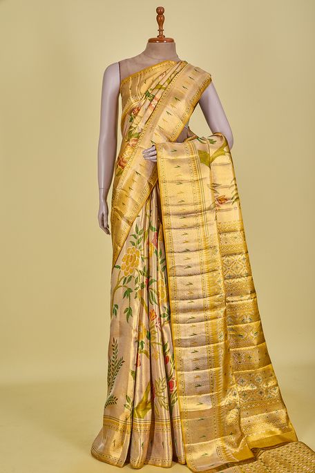 Kanchipuram silk tissue mustard brown saree with blouse
