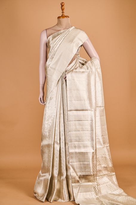 Kanchipuram silk tissue light grey saree with blouse