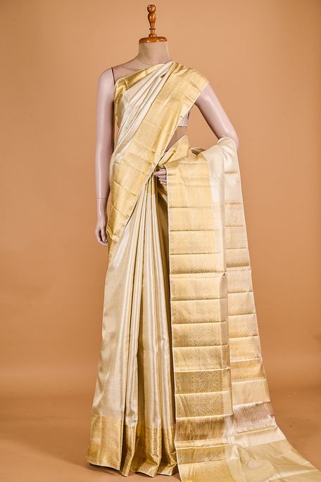Kanchipuram silk tissue light grey saree with blouse