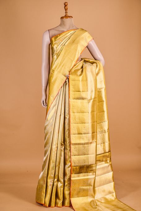 Kanchipuram silk tissue mustard brown saree with blouse