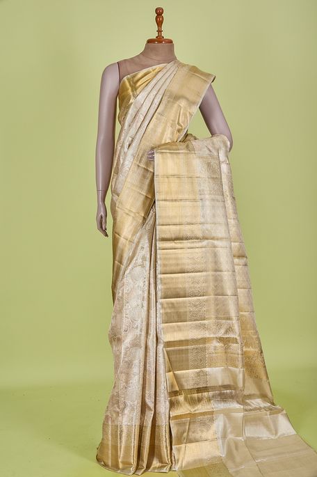 Kanchipuram silk tissue light grey saree with blouse