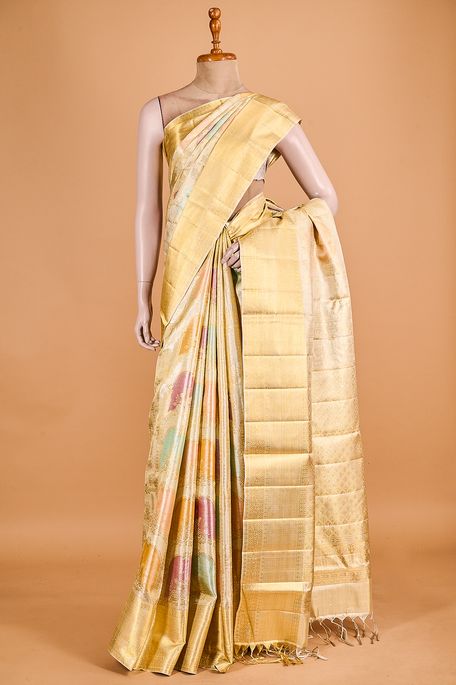 Kanchipuram silk tissue light beige salmon onion pink sea green dew saree with blouse