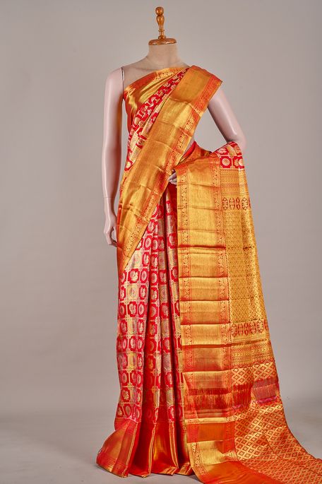 Kanchipuram silk tissue blood red saree with blouse